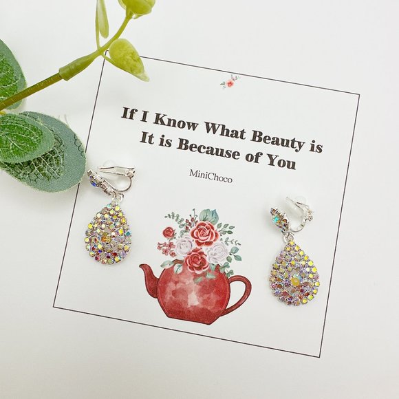 CLIP ON Small Pear Shape AB Color Rhinestone  Earrings - Picture 7 of 10